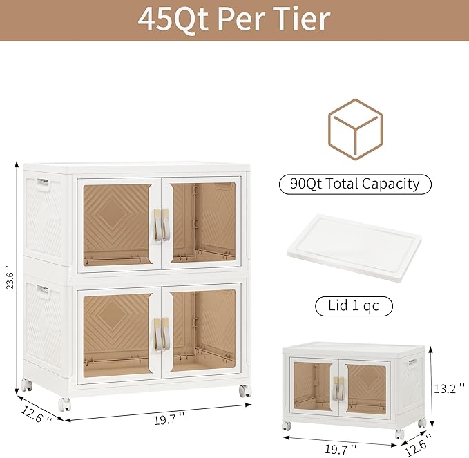Large Clear Stackable Storage Bins with Lids, 90QT-45QT*2Tier Foldable Cabinet for Closet Organizers, Plastic Storage Box with Wheels White