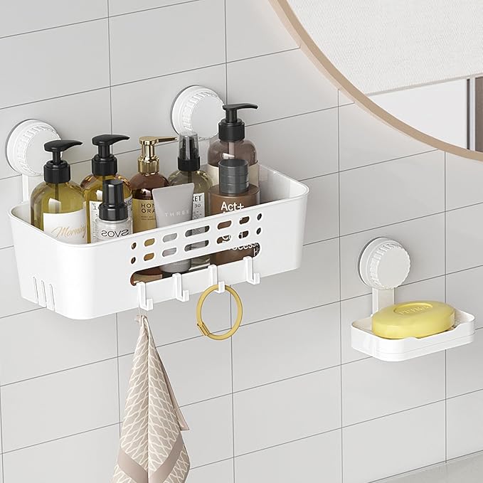 Lifewit Suction Cup Shower Caddy + Soap Dish, Removable Large Basket and Bar Soap Holder for Inside Shower, NO-Drilling Bathroom Kitchen Organizers, 31 x 17 x 14 cm/12 x 5 x 7 inch, Set of 2