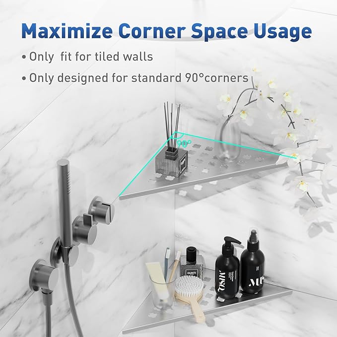 Corner Shower Shelf 10" Slot Design Recessed Shower Shelves for Tiled Wall, 2 Pack 304 Stainless Steel Corner Shelves for Bathroom Organizer (Silver, Floral)