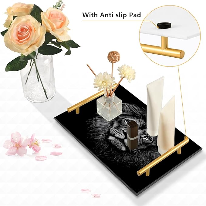 Black Head of A Lion Vanity Tray Acrylic Decorative Serving Tray Coffee Table Tray for Bathroom Living Room Bedroom