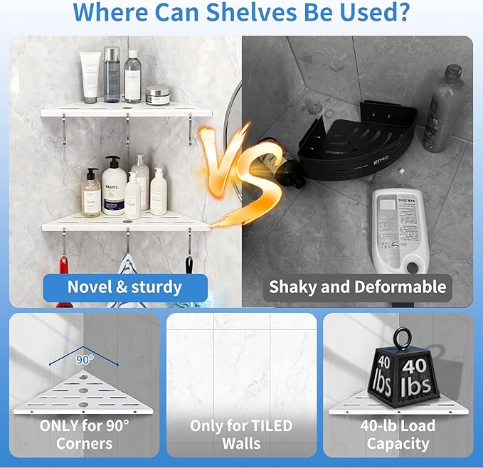 2 Pack Corner Shower Shelf,304 Stainless Steel Bathroom Shelves Add 6 Hooks 40 lbs Heavy Duty Capacity Durable Shower Shelf for Inside Shower Drilling Installation (White)