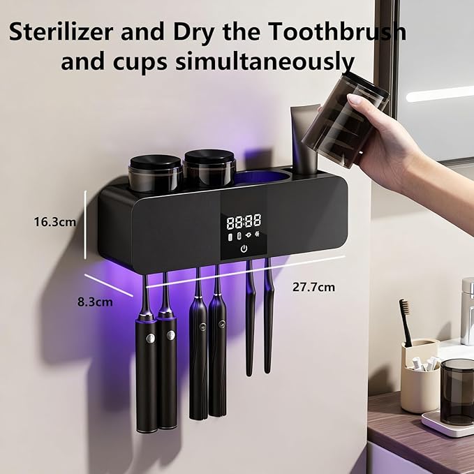 Toothbrush Cleaner Holder, Recharging Wall Mounted Tooth Brushing Holder with Cleaner & Drying, 3-Cup - Family Home Bathroom Organizer, No-Drill Installation (Black)