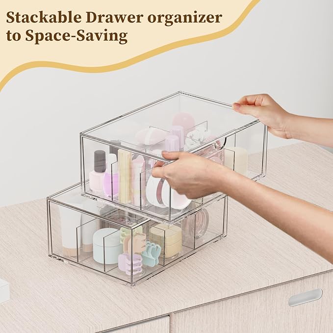 2 Pack Clear Tea Bag Organizer, Stackable Drawer Organizer with Dividers for Pantry Bathroom Vanity Kitchen - Cabinet Countertop Shelf Plastic Storage Bins for Coffee/Makeup/Cosmetic/Crafts/Underwear