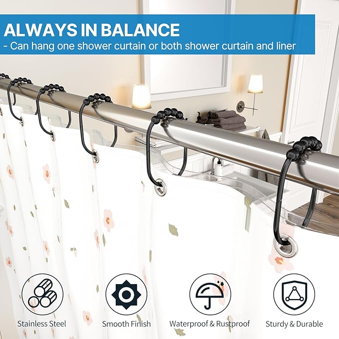 12PCS Wide Shower Curtain Hooks, Rust Proof Stainless Steel Shower Curtain Rings, Heavy Duty Shower Hooks for Shower Curtain Bathroom Curtain Hooks, Easy Glide Rollers, Set of 12, Black