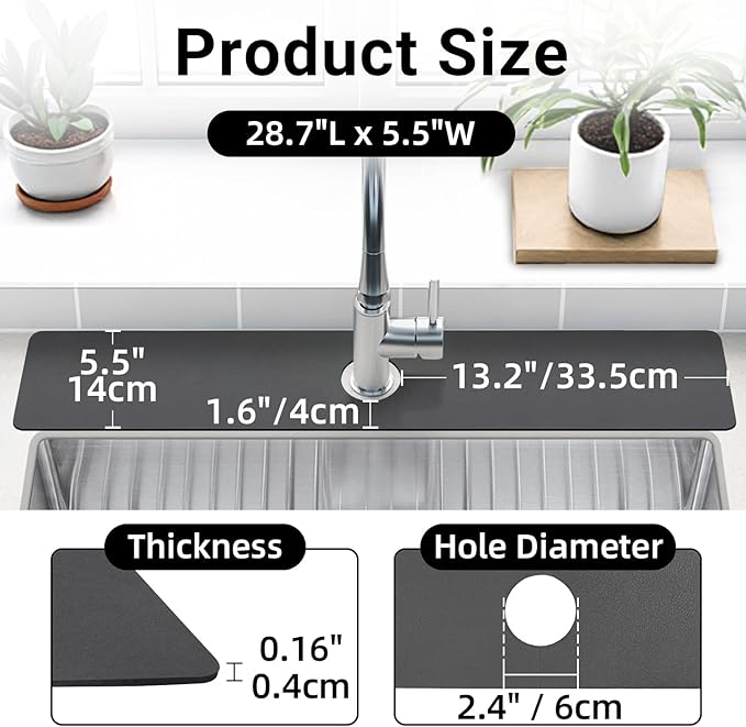 LOPNUR Faucet Mat for Kitchen Sink Protectors, 29 Inch Extra Long Kitchen Sink Splash Guard Behind Faucet, Cuttable Bathroom Water Splash Guard with Super Absorbent Diatomite Fast Drying, Grey