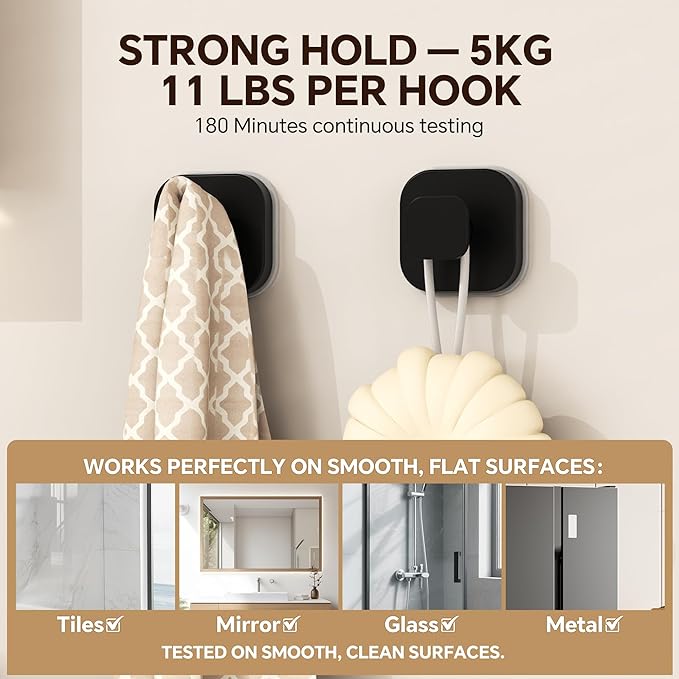 2Pack Suction Cup Hooks for Shower, Bathroom, Kitchen, Glass Door, Mirror, Tile, Matte Black