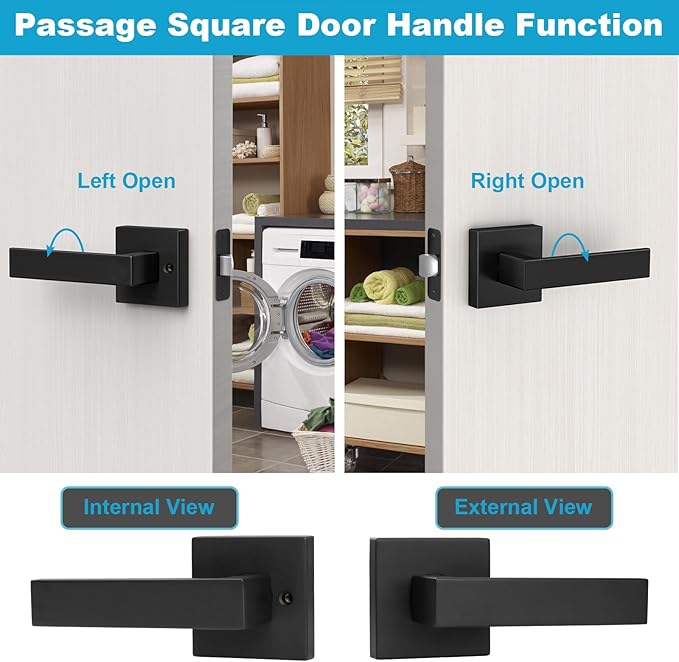 Estmoon 6 Pack Door Handles Matte Black - Passage Door Knobs Interior Square Door Levers, Heavy Duty Non-Locking Leversets Hall Closet Handles, Reversible for Right & Left Sided Doors