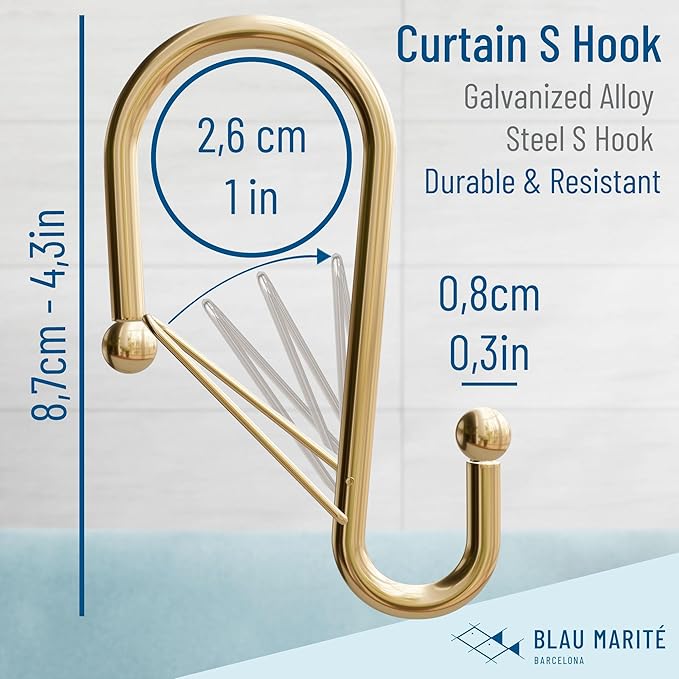 12 Decorative Metal Shower Curtain Hooks, S-Shaped Hooks with Anti-Fall System, Rust-Proof Shower Rings with Safety Buckle, Fits Rods Up to 1-Inch Diameter (S, Gold)