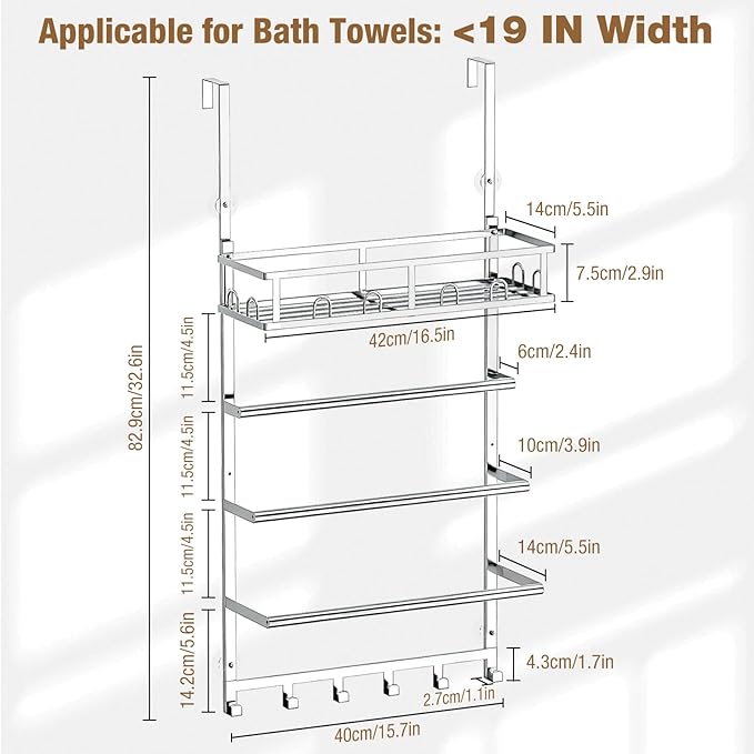 Towel Racks for Bathroom Over The Door Towel Rack Towel Storage with Metal Shelf Basket and Hooks Silver
