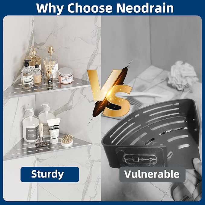 Neodrain 12 Inch Brushed Corner Shelf Set of 2, Floating Corner Shelves for Wall, 304 Stainless Steel Wall Storage Shelves for Bathroom, No Drilling