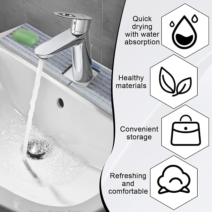 Faucet Mat for Kitchen Sink, Stone Faucet Mat for Kitchen Sink Tray 17.71*3.94*0.35in Square Hole Prevents Moisture Buildup Suitable for Bathroom Countertop Faucet Around Sink Light Gray
