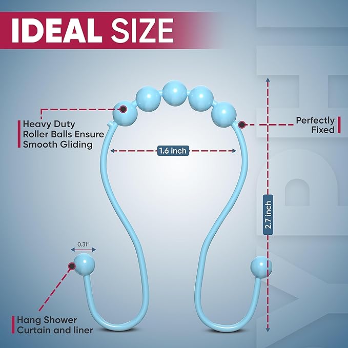 Shower Curtain Hooks Rust Proof (Set of 12) - Stainless Steel Shower Curtain Rings - Anti Slip Roller Balls for Easy Glide (Omega Double Hooks, Sky Blue)