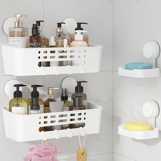 Lifewit Suction Cup Shower Caddy + Soap Dish, Removable Large Basket and Bar Soap Holder for Inside Shower, NO-Drilling Bathroom Kitchen Organizers, 31 x 17 x 14 cm/12 x 5 x 7 inch, Set of 2