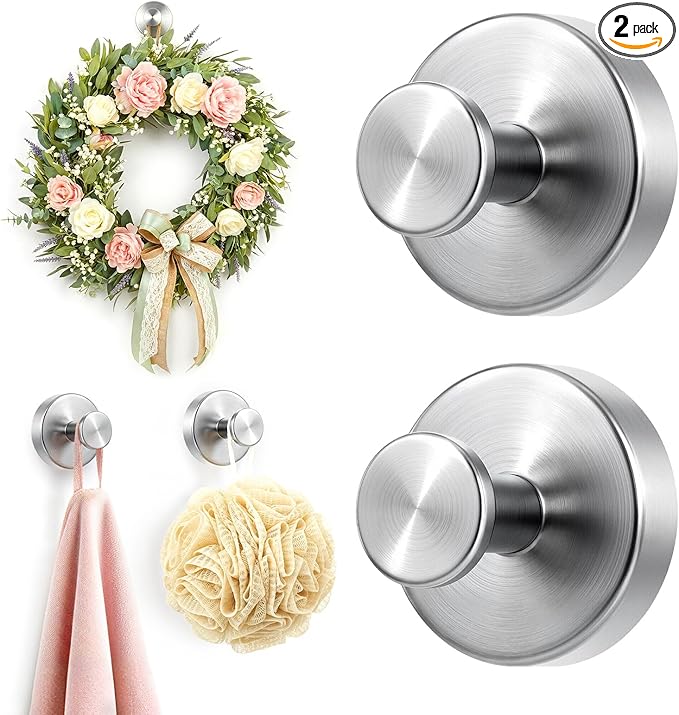 Upgraded Suction Cup Hooks for Shower, Heavy Duty Removable Towel Hooks for Bathroom Glass Door Wall, Stainless Steel Shower Hooks for Towel & Loofah (2 Pack, Silver)