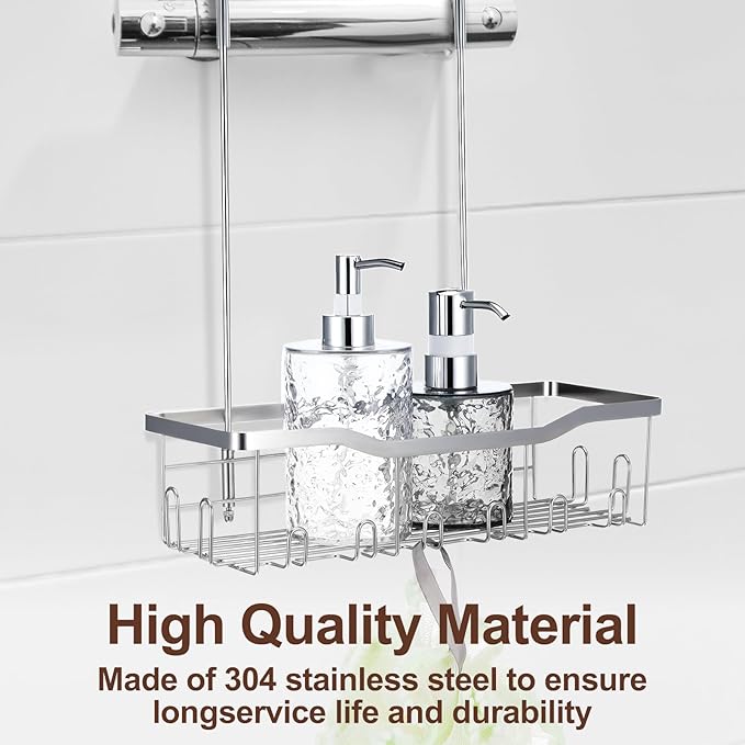 Hanging Shower Organizer, No Drilling Showers Caddy Hanging Stainless Steel Shower Rack with Hooks Showers Caddy Rustproof Over the Door for Bathroom Towels Sponge