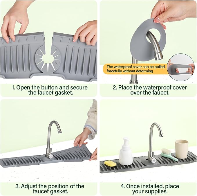 Silicone Faucet Splash Guard Mat for Kitchen Sink - Fast-Drain, Non-Slip Countertop Protector, Water Catcher Tray Behind Faucet, Easy Clean Silicone Drip Mat, 24"x 5.51"