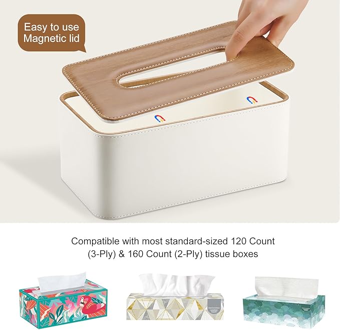 KINGFOM Tissue Box Cover, PU Leather Tissue Box Holder Rectangular, Modern Facial Tissue Paper Napkin Dispenser for Bathroom, Home, Office, Car Automotive Decoration with Magnetic Lid Light Beige