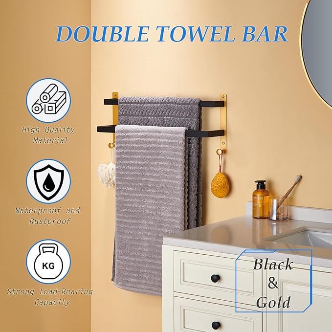 24 Inch Double Towel Bar with Hooks Black & Gold, Wall Mounted Towel Holder for Kitchen Bathroom, Stainless Steel Towel Rack