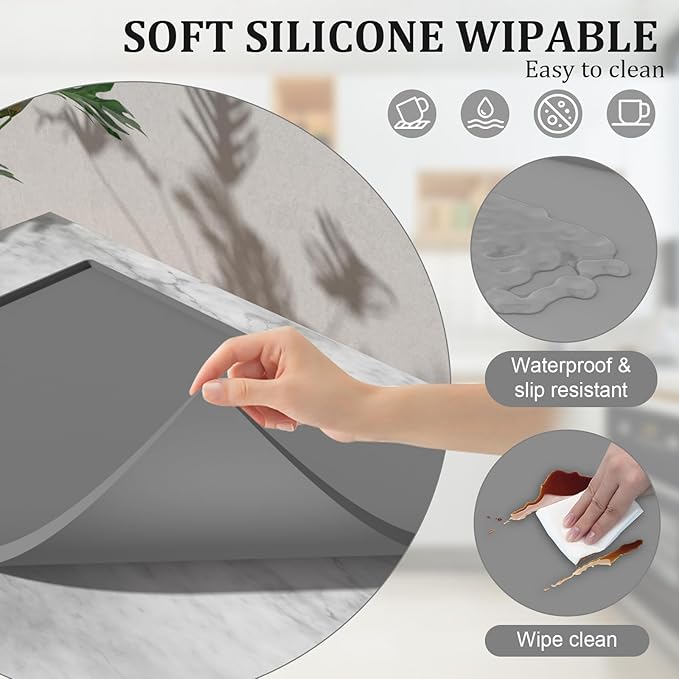 BLESWIN Silicone Coffee Mat, 16x24 Inches - Non-Slip Bar Mat with Raised Edges and Removable Drying Pad, Fits Under Coffee Makers/Espresso Machines, Heat-Resistant Countertop Protector (Grey)