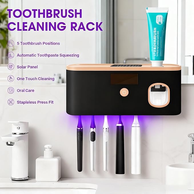 Toothbrush Sterilizer Holder Wall Mounted, USB Rechargeable Automatic Toothpaste Dispenser with 5 Brush Slots, Bathroom Organizer for Families (Black)