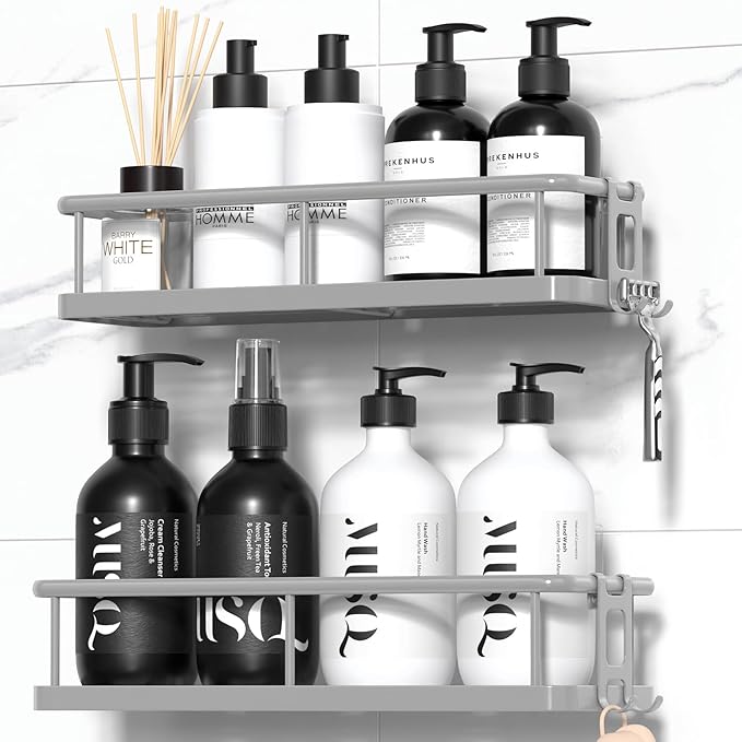 YASONIC Shower Caddy Adhesive, No Drill Bathroom Shower Organizers, with Removable Hooks, Rust Proof Shower Shelves, Wall-Mounted Shower Holder, Grey, 2 Pack