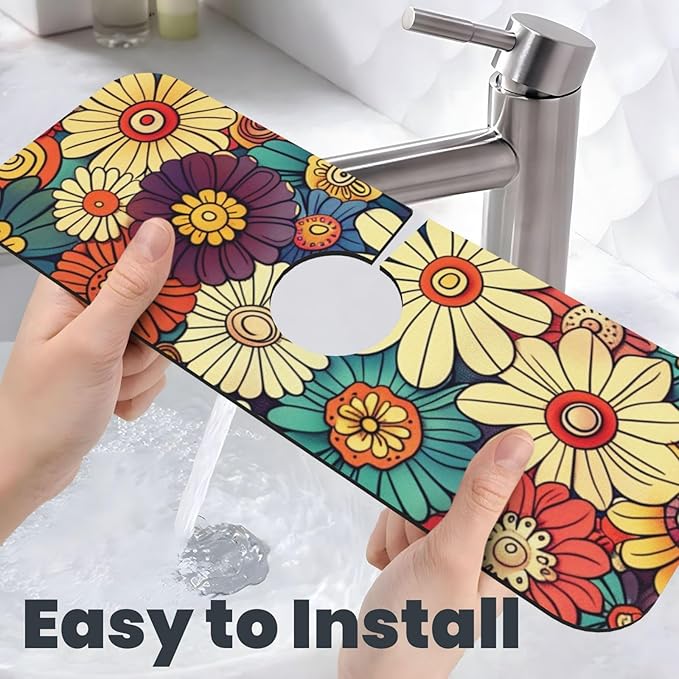 Kitchen Faucet Mat 15 x 5.5 Inch Abstract retro flower Faucet Draining Mat Farmhouse Absorbent Drying Mat Sink Splash Guard Behind Faucet Drip Catcher for Kitchen Bathroom