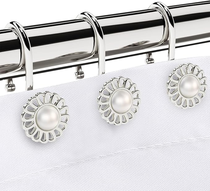 Nickel Shower Curtain Hooks Rings, Decorative Shower Curtain Hangers, Heavy Duty Metal Shower Rings, Sunflower Shower Hooks for Shower Curtain Rod and Liner, Bathroom Curtain Hooks, Set of 12