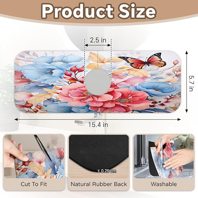 Pastel Flower Fusion Kitchen Faucet Mat Splash Guard, 15.4”x5.7” Absorbent Quick Drying Sink Mat for Countertop Protection, Draining Mat Sink Protectors For Kitchen Bathroom, 2 Pack