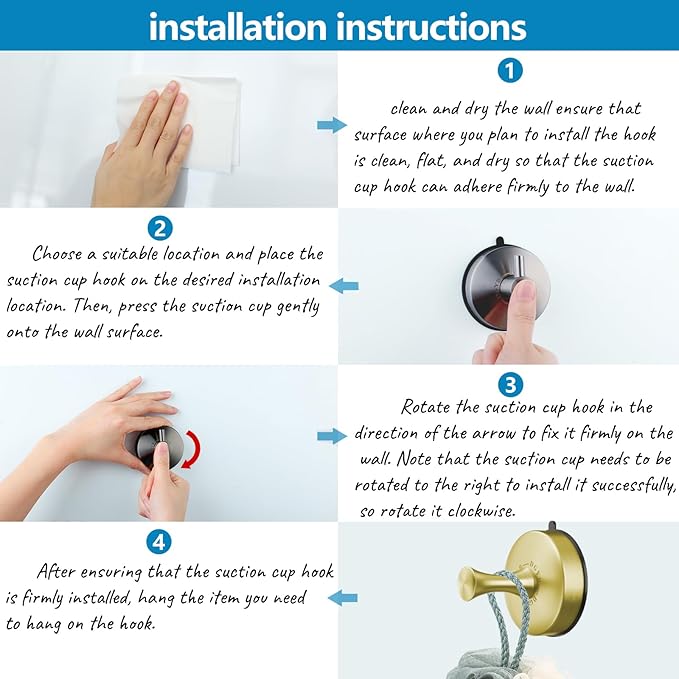 DGYB Suction Cup Hooks for Shower Set of 2 Removable Stainless Steel Towel Hook for Bathroom Glass Window Door Wall and Suction Wreath Hook for Hanging Robe, Loofah, Coat - Gold