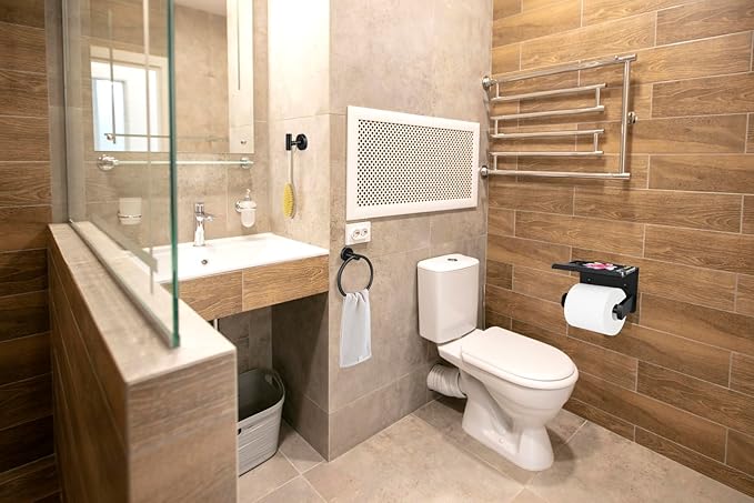1pcs Toilet Paper Holder with Shelf and 1pcs Towel Ring Set, Matte Black Stainless Steel Bathroom Hardware Set