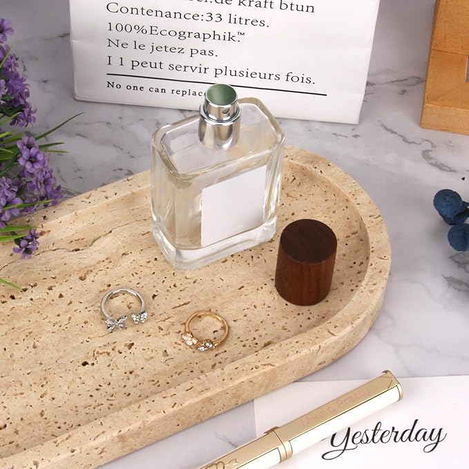 Oval Marble Bathroom Vanity Tray, Natural Luxury Marble Home Kitchen Bathroom Table Tray, Stone Decorative Countertop Serving Trays for Coffee Perfume Jewelry Makeup (Travertine, 10 * 5 * 0.6)