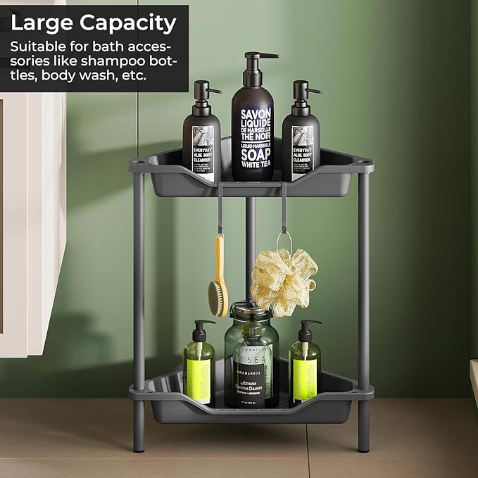 ODesign 2 Tier Floor Standing Corner Shower Caddy Organizer Plastic Metal Splicing Shelf Storage Rack for Bathroom Grey - Rustproof
