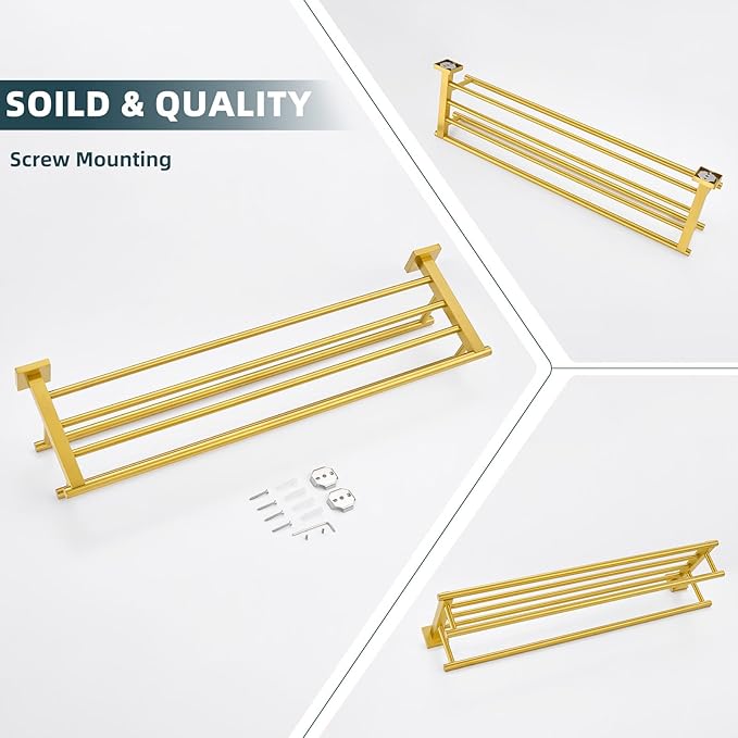 Angle Simple Towel Rack for Bathroom, SUS 304 Stainless Steel Hand Towel Holder with Shelf, Brushed Dark Gold, 27.56 Inches