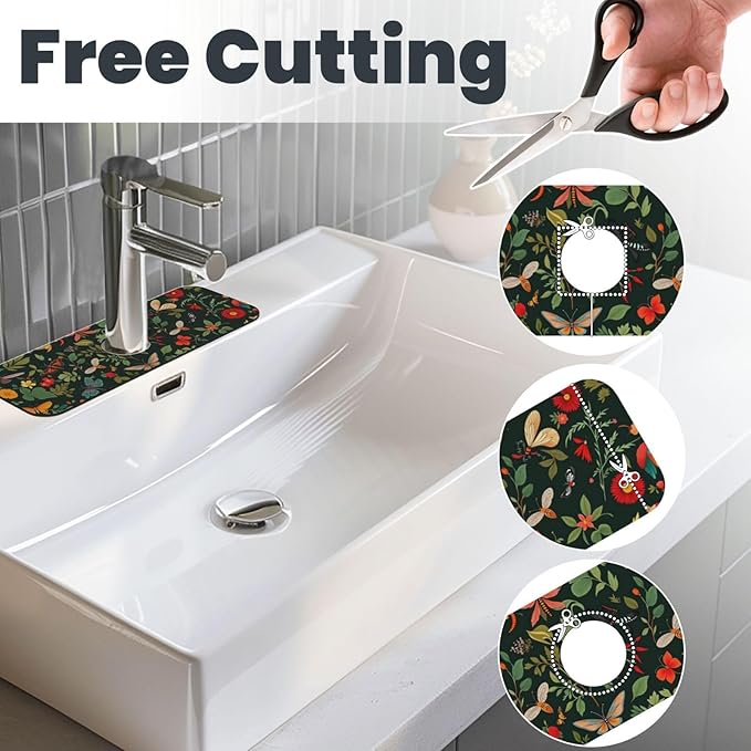 Butterfly Floral 15" X 5.5" Kitchen Sink Splash Guard, Faucet Guard Draining Mat, Faucet Suction Pad For Kitchen Bathroom