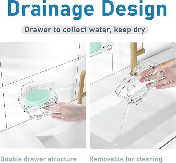 Soap Dish for Shower Clear Acrylic Bar Soap Holder with Self-Draining Design - No Drilling Required Strong Adhesive Mount for RV Bathroom and Kitchen Easy to Clean and Space-Saving (Adhesive)