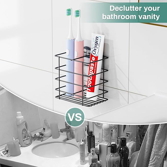 Shower Toothbrush Holder Wall Mounted, Adhesive Toothpaste Organizer for Bathroom Wall, Hanging Razor Tooth Brush Holder Caddy with Drainage, Black RV Camper Bathroom Organizers and Storage