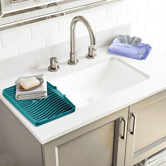 Silicone Dish Drying Mat, Stone Drying Mat for Kitchen Counter with Built-in Drain, Non-Slip 16" X 12" Drying Matt Kitchen Counter and Grey Microfiber Cleaning Cloth, Cleaning Rags Set(Green)