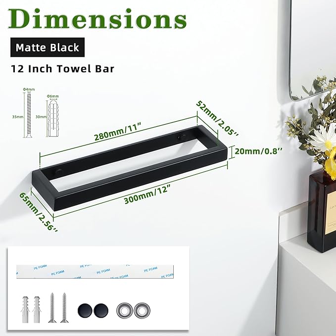 Alise Bath Towel Bars,12 Inch Towel Holder Towel Racks for Bathroom and Lavatory,SUS304 Stainless Steel Hand Towel Hanger Towel Rail Wall Mount,Matte Black