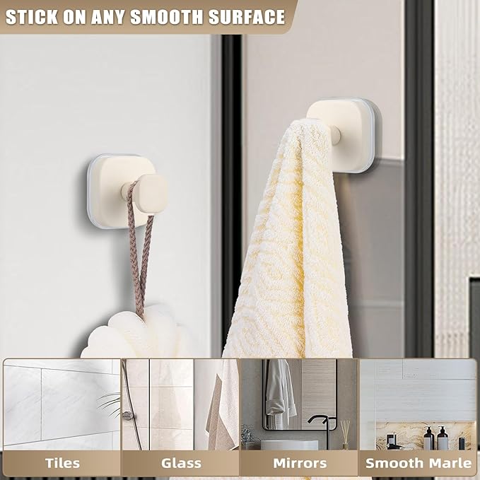 No-Drill Reusable Suction Cup Hooks, Towel, Robe, Loofah, Coat Hook for Glass, Mirror, Tile, Shower, Bathroom, Kitchen & Metal (Smooth, Non-Porous Surfaces) (2, Milk White)