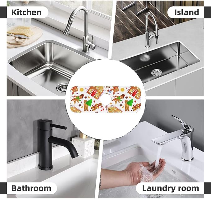 Christmas House Gingerbread Man Furits Kitchen Sink Splash Guard Faucet Mat 1 Pcs, Absorbent Fast Drying Mat Gadgets Splash Guard For Bathroom 15 X 5.5 Inches