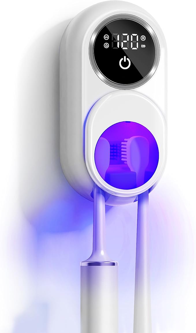 UV Toothbrush Sanitizer Holder(2 Slots, White)-Rechargeable Wall-Mount with Heated Fan Drying, LED Smart Screen, for Bathroom & Travel