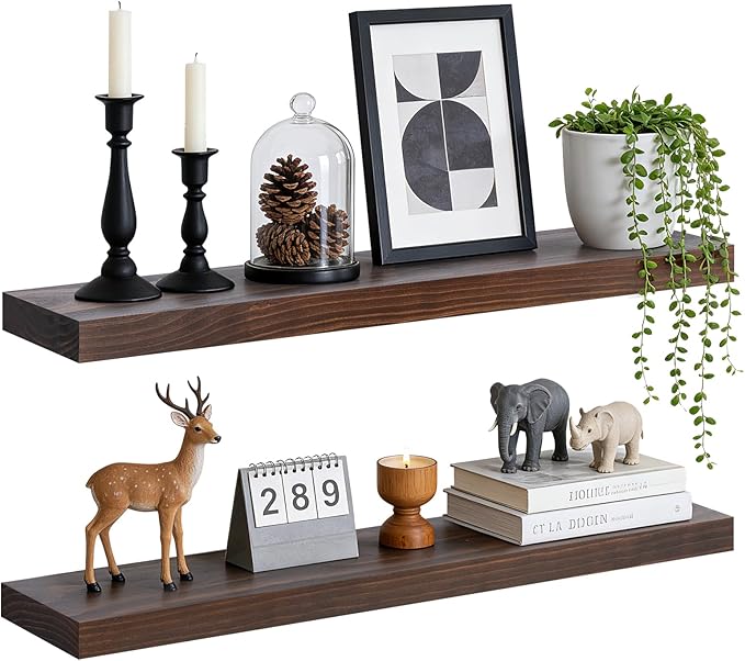 Floating Wall Shelves 30x6.8x1.7 Inch – Solid Wood Rustic Shelves in Walnut Finish – Wall Mounted Heavy Duty Display Shelf for Kitchen, Bedroom, Living Room – Set of 2