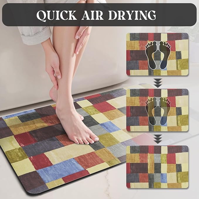 MontVoo -Bath Mat-Non Slip Thin Bathroom Rugs Fit Under Door- Quick Dry Absorbent Faux Suede Surface Grey Bathroom Floor Mats-Shower Rug for in Front of Bathtub Shower Retro Colors Plaid 16x24