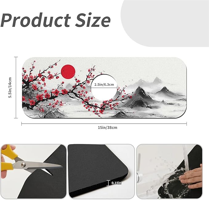 Kitchen Sink Splash Guard，Red plum blossoms Faucet Mat Sink Gadgets-Super Absorbent Fast Drying Mat Drip Catcher for Kitchen, Bathroom,Sink Mat, Dish Drying Mat, Bathroom(15" X 5.5" )