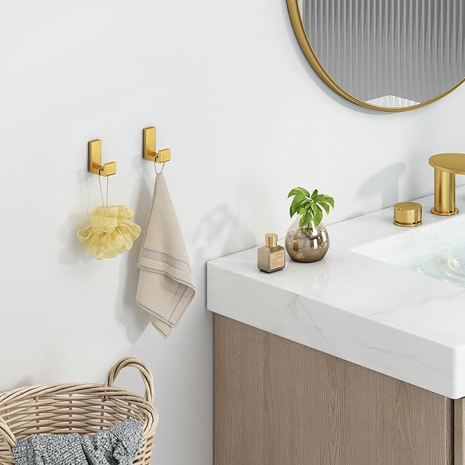 Angle Simple Towel Hook Brassy Gold 2 Pack, 304 Stainless Steel Robe Hook for Bathroom