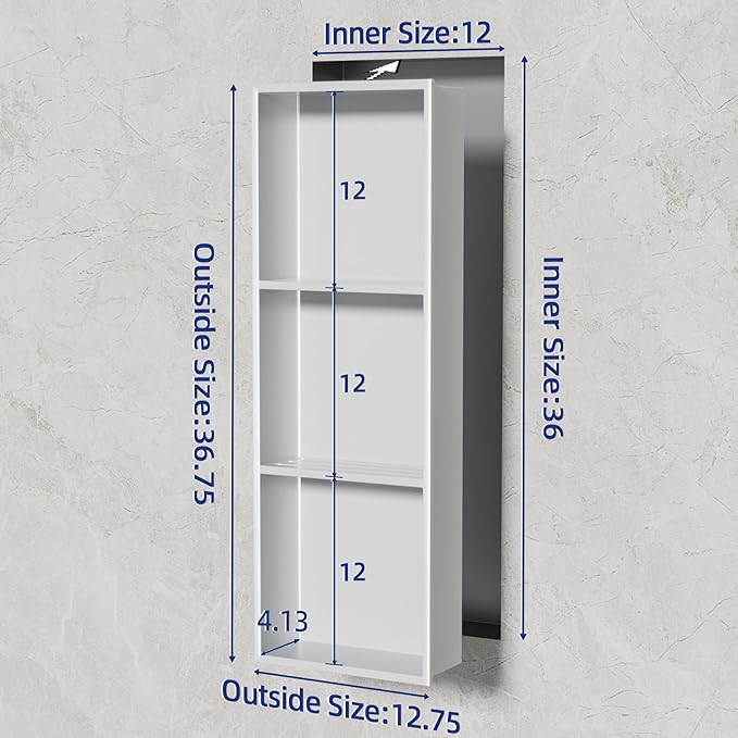 No Tile Needed Shower Niche - 304 Stainless Steel Niche Shower with 3- Tier Shelves Recessed Wall Niches for Bathroom Storage (White, 36 X 12 X 4.13 Inches, 3)