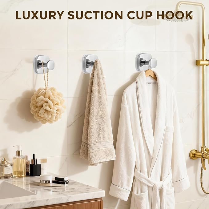 Suction Cup Hooks for Shower, No-Drill Towel Hooks for Bathrooms, Kitchen, Glass Door, Mirror, Tile, Shower Suction Hooks for Hanging Towels, Robe, Loofah, Christmas Wreath (Chrome, 2 Pack)