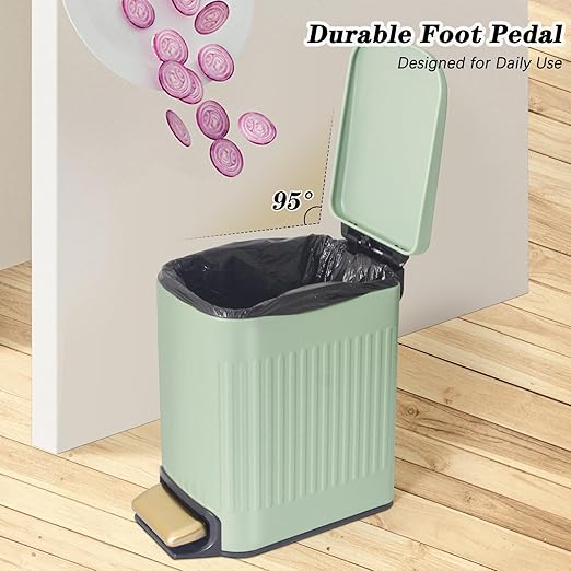 Soddeph Small Narrow Bathroom Trash Can with Lid Bathroom,1.6 Gallon Stainless Steel Wastebasket with Lid Soft Close,Slim Trash Can with Removable Inner Bucket for Toilet, Bedroom,Office (Green)