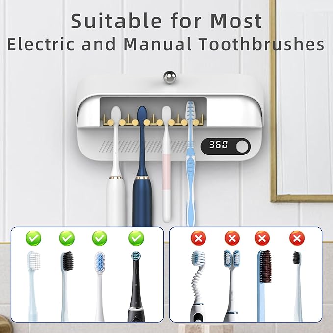 Wall Mounted Toothbrush Holder for Family Bathroom, Electric & Manual Toothbrush Organizer with Active Airflow Drying, Rechargeable, No-Drill Installation