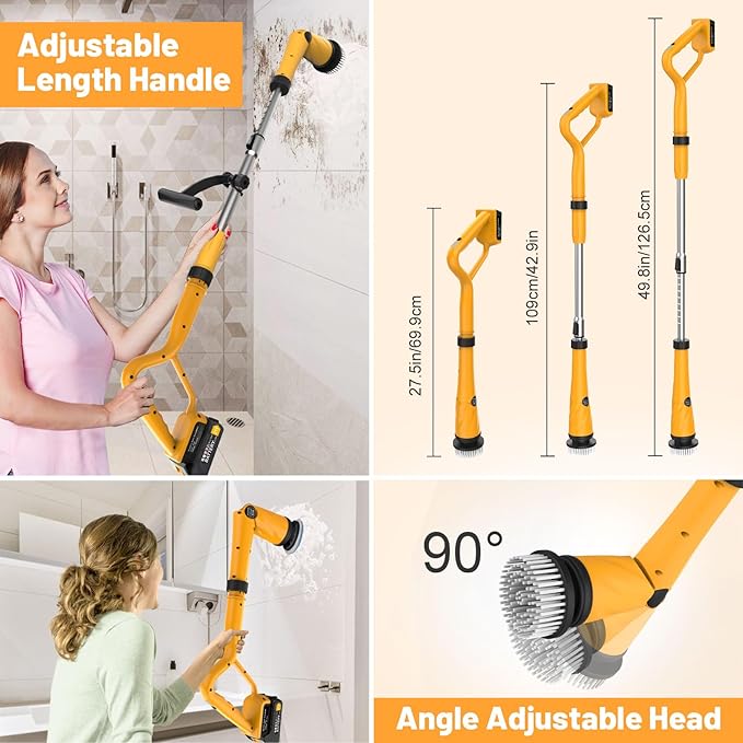 1500 RPM Electric Spin Scrubber for DeWalt 20V Battery, Power Shower Scrubber for Bathroom/Floor/Bathtub/Toilet/Tile,Electric Cleaning Brush with Long Handle & 8 Replaceable Brush